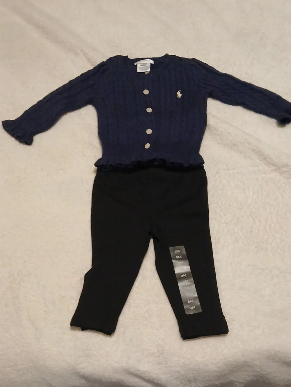 Ralph Lauren Navy Cable-Knit Cardigan with Black Leggings